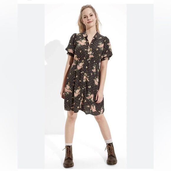 American Eagle Gray Floral Puff Sleeve Shirt Dress Small - Picture 1 of 8